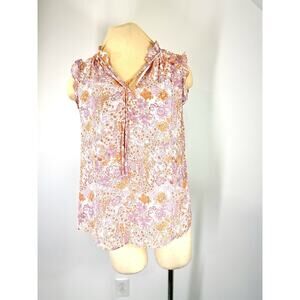 Maison d'Amelie NWT pink & gold Floral Print Blouse with Ruffled Shoulders, M